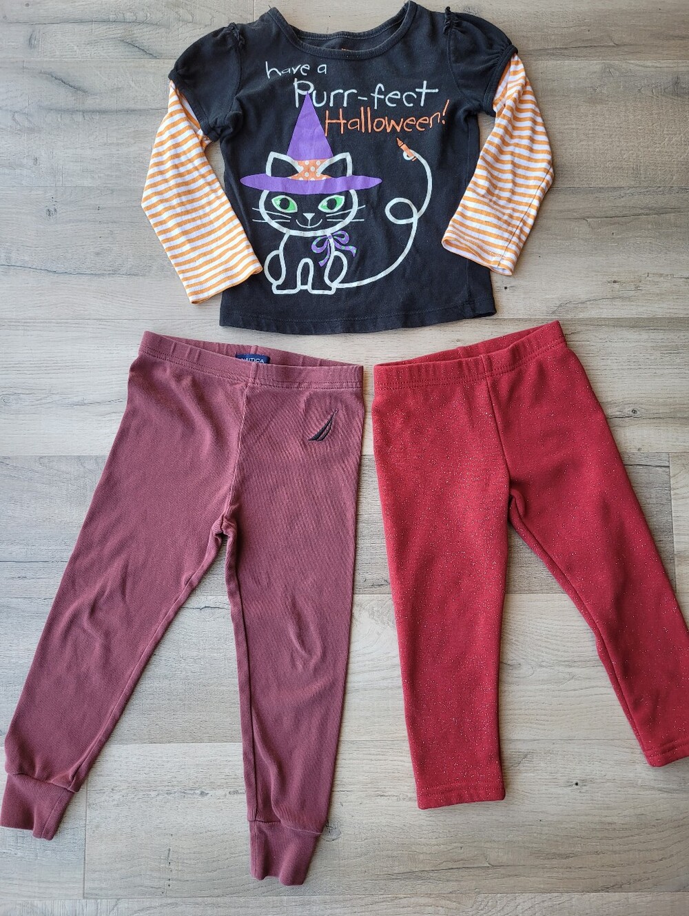 Halloween Cute Cat Graphic Long Sleeve T-shirt + Two Leggings Bundle Girls 3T